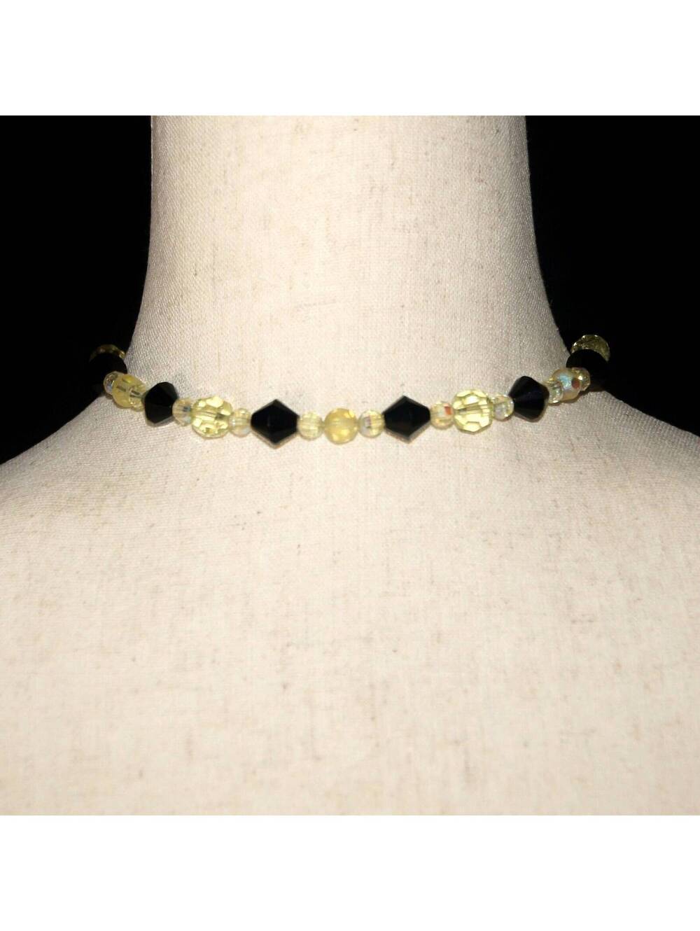 Vintage Black, Yellow and Clear Glass Beads with Clear Rhinestones, 13 to 16".